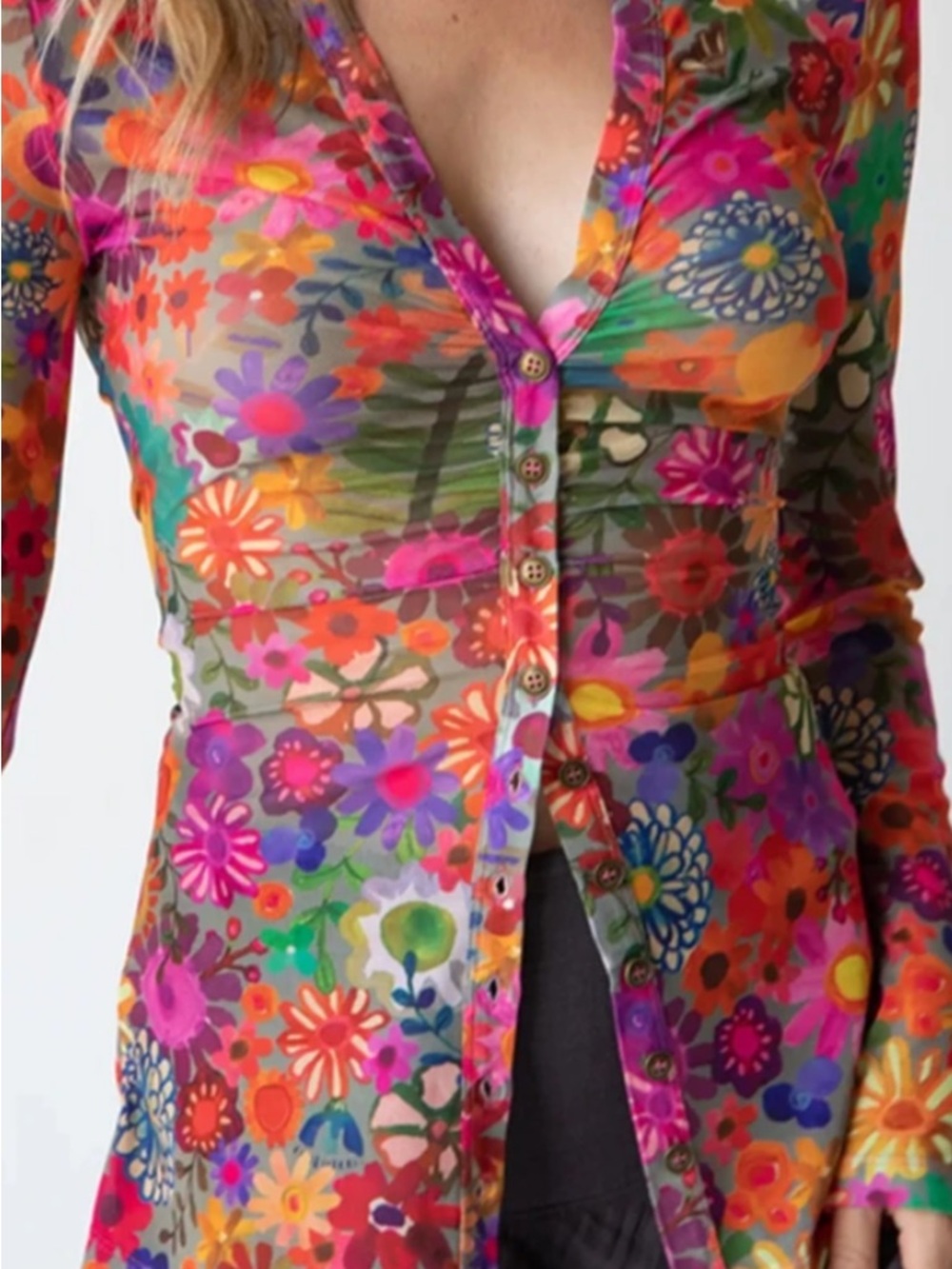 Natural Life Carina Colorful Floral Mesh Button-Up Top - Multicolor S NWT - Picture 2 of 10